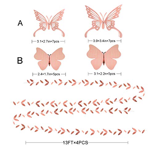 Decoración de fiesta de oro rosa farolillos de flores Pom Pom con pegatinas mariposa 3D guirnalda de hojas Banner para boda, compromiso, ducha, despedida de soltera decoración para fiestas suministros