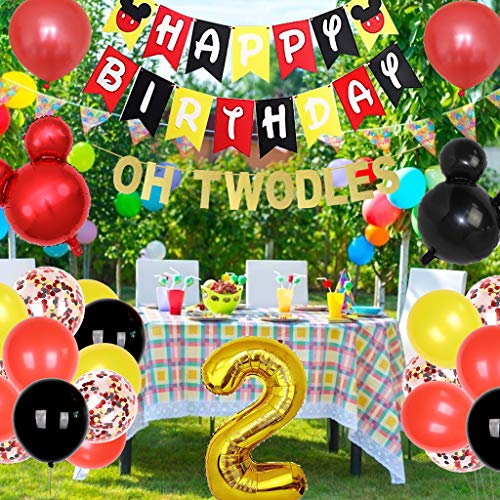 Decoración de Fiesta Mickey Mouse cumpleaños 2 Años, Banner de Happy Birthday Globos de ratón Globo de Papel de Aluminio de número 2 para la Fiesta temática de Mickey Cumpleaños Niños de 2 año