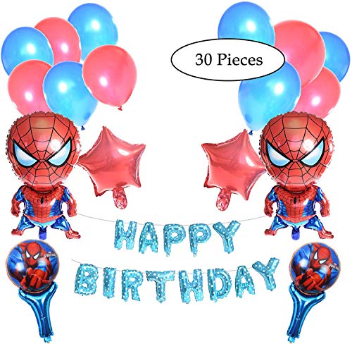 Decoración para fiesta de cumpleaños de Spiderman, 30 unidades, diseño de Spiderman, 2 globos de Spiderman, 40 cm, globos de mano, globos de mano de Spiderman, estrellas y globos de látex