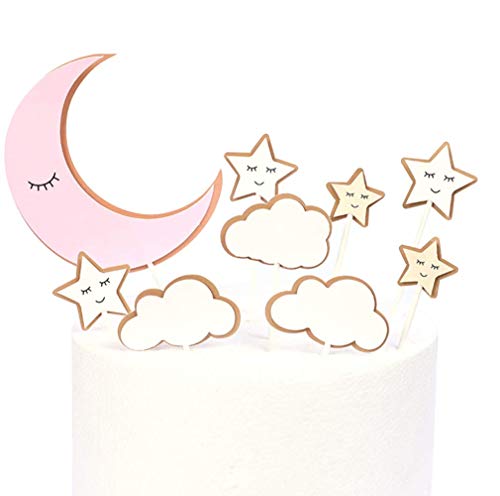 Decoración para tarta de cumpleaños, diseño de nubes de luna y estrellas, color rosa