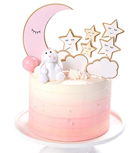 Decoración para tarta de cumpleaños, diseño de nubes de luna y estrellas, color rosa