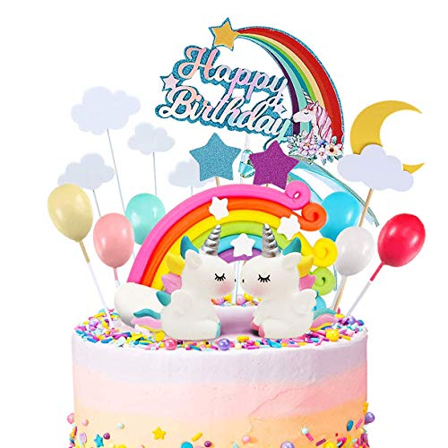 Decoración para Tarta Unicorn Cake Topper Cloud Rainbow Star Balloon Feliz Cumpleaños, Bandera Cake Topper Decoraciones de Pasteles Comestibles