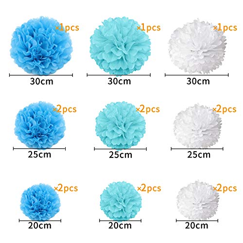 Decoracion Pompones de Papel de Seda,XCOZU 15 Piezas Pompones de Colores Papel Seda la Boda Fiesta Decoracions,Pompon Papel Seda Adecuado Escena de Cumpleaños,Azul y Blanco Pom Pom Papel