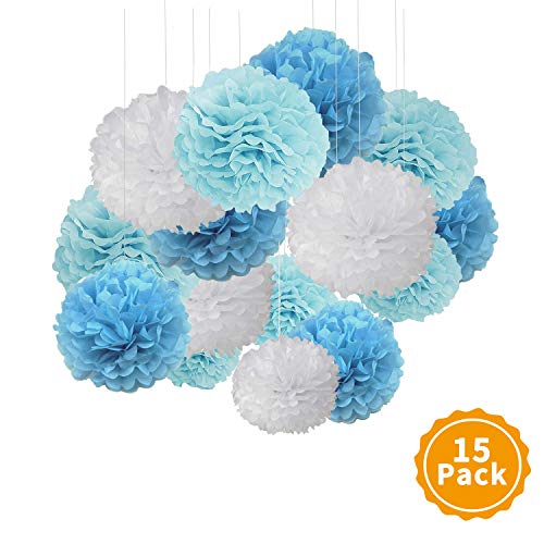 Decoracion Pompones de Papel de Seda,XCOZU 15 Piezas Pompones de Colores Papel Seda la Boda Fiesta Decoracions,Pompon Papel Seda Adecuado Escena de Cumpleaños,Azul y Blanco Pom Pom Papel