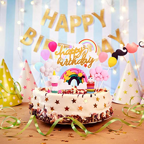 Decoracion Tarta Unicornio, Cake Topper Decorar Tartas Globos Arcoiris Nube Happy Birthday Banderines de Pasteles Fiesta de la Fiesta de Bienvenida al Bebé Cumpleaños Niñas Niños