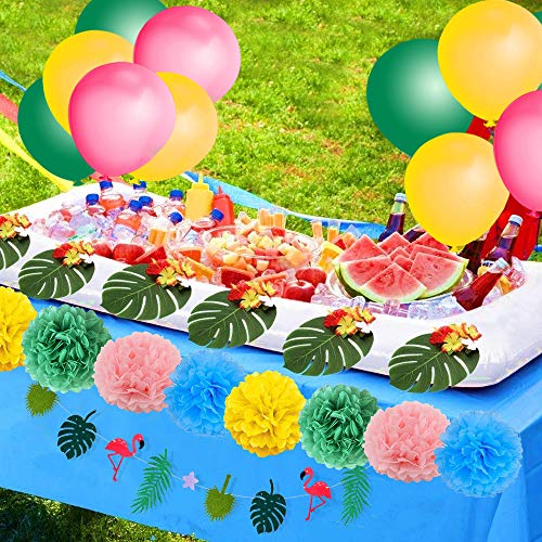 Decoración tropical hawaiana, SPECOOL 52PC Artículos para fiestas en la playa con piña colorida Flamingo Globos Palm Simulación Hojas Papel de banner Pompones para Luau Fiesta Selva Decoraciones