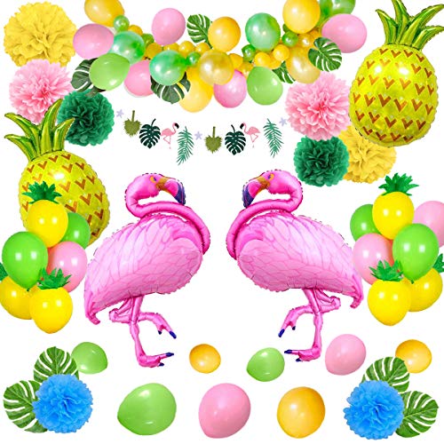 Decoración tropical hawaiana, SPECOOL 52PC Artículos para fiestas en la playa con piña colorida Flamingo Globos Palm Simulación Hojas Papel de banner Pompones para Luau Fiesta Selva Decoraciones
