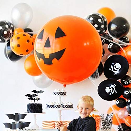 Decoraciones con globos de Halloween, Simuer 100 piezas 12 '' Globos de látex con forma de murciélago esqueleto de calabaza con bomba de aire para suministros para fiestas de Halloween