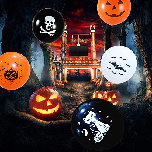 Decoraciones con globos de Halloween, Simuer 100 piezas 12 '' Globos de látex con forma de murciélago esqueleto de calabaza con bomba de aire para suministros para fiestas de Halloween