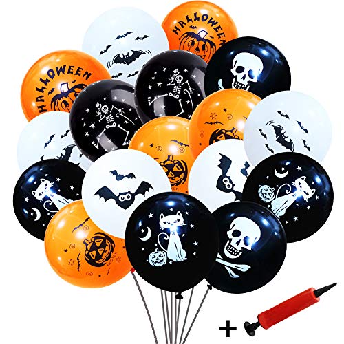 Decoraciones con globos de Halloween, Simuer 100 piezas 12 '' Globos de látex con forma de murciélago esqueleto de calabaza con bomba de aire para suministros para fiestas de Halloween