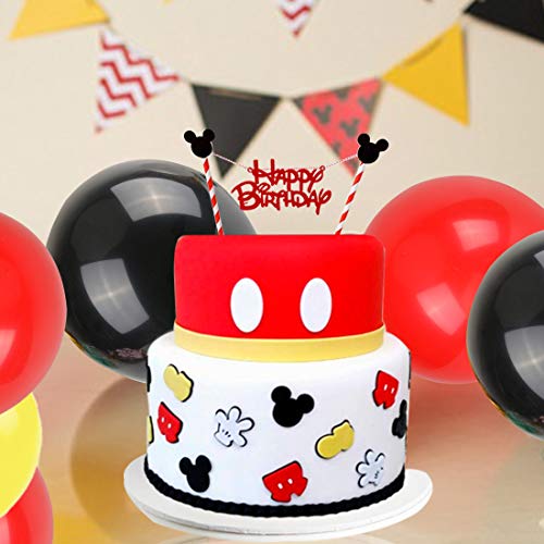 Decoraciones de cumpleaños de Mickey Mouse, bolas de nido de abeja de Mickey Paper de Red Black, banner de Happy Birthday, adorno de pastel para la fiesta temática de Mickey Mouse