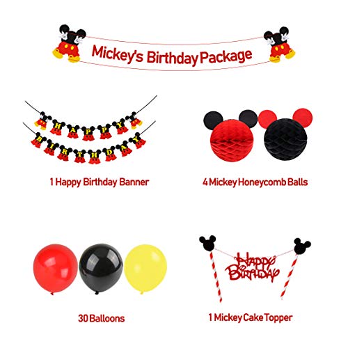 Decoraciones de cumpleaños de Mickey Mouse, bolas de nido de abeja de Mickey Paper de Red Black, banner de Happy Birthday, adorno de pastel para la fiesta temática de Mickey Mouse