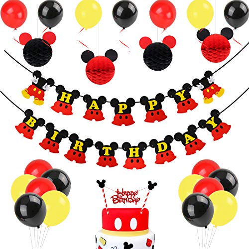 Decoraciones de cumpleaños de Mickey Mouse, bolas de nido de abeja de Mickey Paper de Red Black, banner de Happy Birthday, adorno de pastel para la fiesta temática de Mickey Mouse