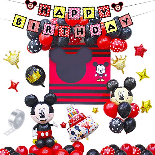 Decoraciones de cumpleaños de Mickey Mouse,46 PCS Banner de Happy Birthday adorno de pastel Globos de lunares para la fiesta temática de Mickey Mouse