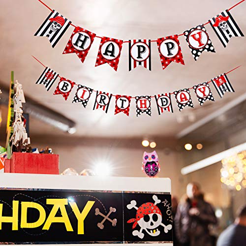 Decoraciones de Fiesta de Pirata, Pancarta de Pirate Happy Birthday para Fiesta de Cumpleaños, Banderines de Fiesta de Vela Náutica a Rayas Negras y Rojas