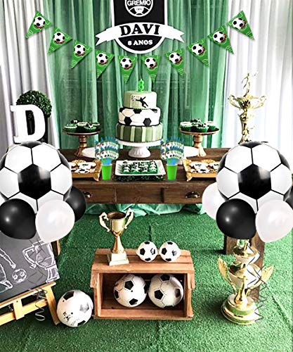 Decoraciones de fiesta temáticas de fútbol con balones de foil de fútbol, pancartas, servilletas y pajitas