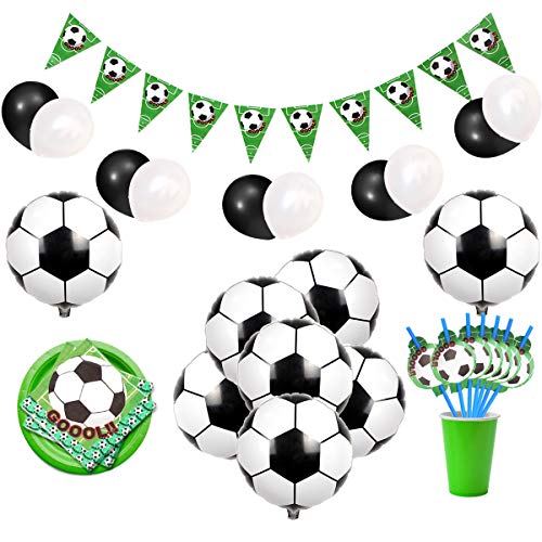 Decoraciones de fiesta temáticas de fútbol con balones de foil de fútbol, pancartas, servilletas y pajitas