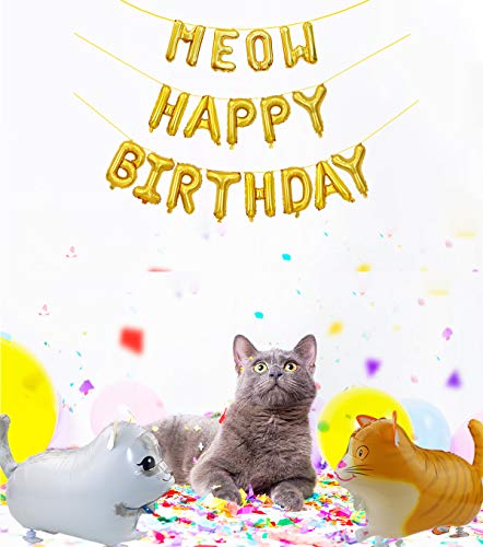 Decoraciones para fiestas de gatos, pancarta con cara de gato, pancartas de globos de FELIZ CUMPLEAÑOS y MEOW, 4 globos de gatos que caminan para mascotas, fiesta de cumpleaños de gatos para niños