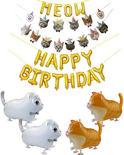 Decoraciones para fiestas de gatos, pancarta con cara de gato, pancartas de globos de FELIZ CUMPLEAÑOS y MEOW, 4 globos de gatos que caminan para mascotas, fiesta de cumpleaños de gatos para niños