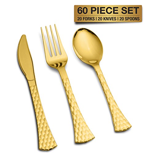 Decorline [60 piezas] Juego de cubiertos de plástico desechables de oro reutilizable para fiestas, Bodas, etc. (20 cucharas, tenedores, cuchillos, cada uno)