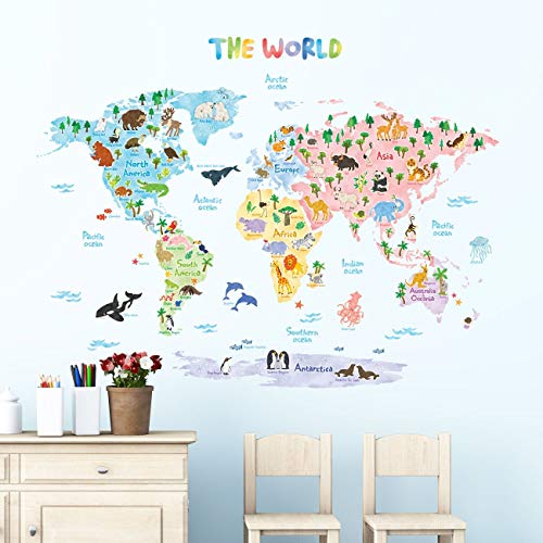 DECOWALL DLT-1615 Mapamundi Animales Vinilo Pegatinas Decorativas Adhesiva Pared Dormitorio Salón Guardería Habitación Infantiles Niños Bebés (Extra Grande) (English Ver.)