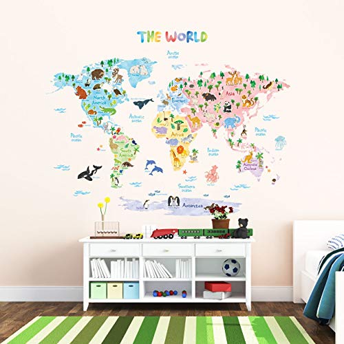 DECOWALL DLT-1615 Mapamundi Animales Vinilo Pegatinas Decorativas Adhesiva Pared Dormitorio Salón Guardería Habitación Infantiles Niños Bebés (Extra Grande) (English Ver.)