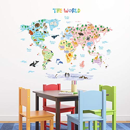 DECOWALL DLT-1615 Mapamundi Animales Vinilo Pegatinas Decorativas Adhesiva Pared Dormitorio Salón Guardería Habitación Infantiles Niños Bebés (Extra Grande) (English Ver.)