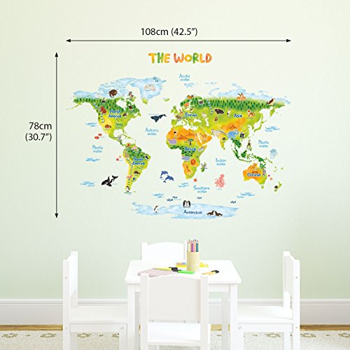 DECOWALL DMT-1715S Geológico Mapamundi Animales Vinilo Pegatinas Decorativas Adhesiva Pared Dormitorio Salón Guardería Habitación Infantiles Niños Bebés (Grande) (English Ver.)