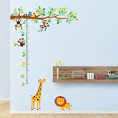 DECOWALL DW-1402 Árbol de Monitos y Gráfica de Altura de Animales Vinilo Pegatinas Decorativas Adhesiva Pared Dormitorio Salón Guardería Habitación Infantiles Niños Bebés