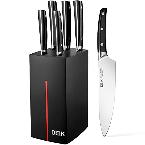 DEIK Cuchillos Cocina, Juego de Cuchillos de Acero Inoxidable, Juego de Cuchillos de Cocina, 6 Piezas, con Soporte de Madera Resistente a la Humedad, Negro