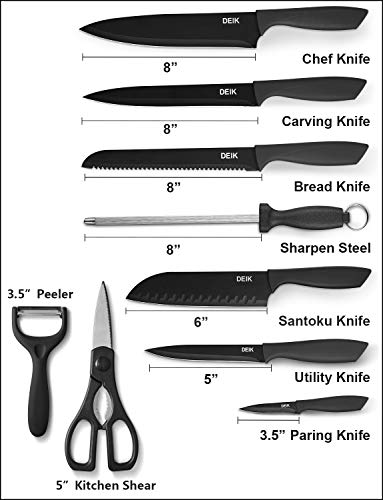 Deik Juego de Cuchillos de Cocina con Soporte Acrílico | 16 Piezas Set Cuchillos Cocina | Negro BO Oxidación Acero Inoxidable de Alto Carbono - Súper Afilado, Antioxidante y Anticorrosión