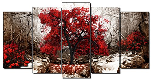 DekoArte 258 - Cuadros Modernos Impresión de Imagen Artística Digitalizada | Lienzo Decorativo para Tu Salón o Dormitorio | Estilo Paisaje Fondo Ocre con Árboles Rojos Naturaleza | 5 Piezas 150x80cm