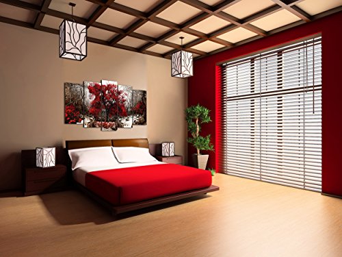 DekoArte 258 - Cuadros Modernos Impresión de Imagen Artística Digitalizada | Lienzo Decorativo para Tu Salón o Dormitorio | Estilo Paisaje Fondo Ocre con Árboles Rojos Naturaleza | 5 Piezas 150x80cm