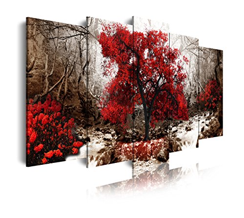 DekoArte 258 - Cuadros Modernos Impresión de Imagen Artística Digitalizada | Lienzo Decorativo para Tu Salón o Dormitorio | Estilo Paisaje Fondo Ocre con Árboles Rojos Naturaleza | 5 Piezas 150x80cm