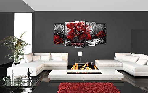 DekoArte 267 - Cuadros Modernos Impresión de Imagen Artística Digitalizada | Lienzo Decorativo para Tu Salón o Dormitorio | Estilo Naturalez Blanco y Negro con Árboles Rojos | 5 Piezas 200x100cm XXL