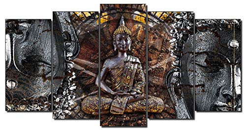 DekoArte 83 - Cuadros Modernos Impresión de Imagen Artística Digitalizada | Lienzo Decorativo para Tu Salón o Dormitorio | Estilo Zen con Buda en Bronce, Blanco y Negro | 5 Piezas 150 x 80 cm