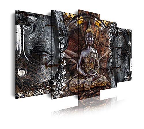 DekoArte 83 - Cuadros Modernos Impresión de Imagen Artística Digitalizada | Lienzo Decorativo para Tu Salón o Dormitorio | Estilo Zen con Buda en Bronce, Blanco y Negro | 5 Piezas 150 x 80 cm