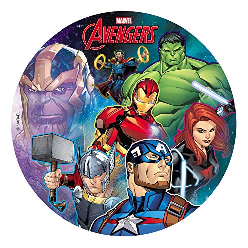 Dekora 236038 - Disco Comestible de Marvel Avengers para Decoración de Tartas de Cumpleaños - 20 cm