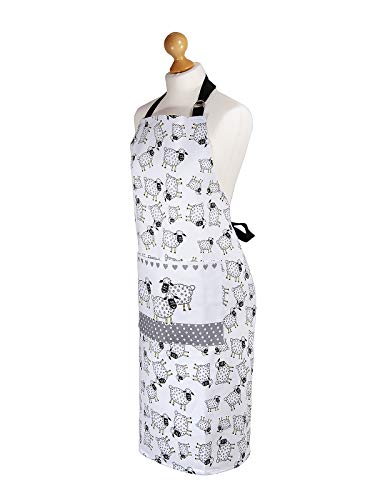 Delantal de Cocina Algodón para Mujer Ajustable con Bolsillo, Blanco con Diseño de Oveja Regalo para las Amantes de los Animales