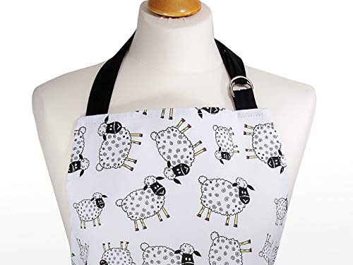 Delantal de Cocina Algodón para Mujer Ajustable con Bolsillo, Blanco con Diseño de Oveja Regalo para las Amantes de los Animales