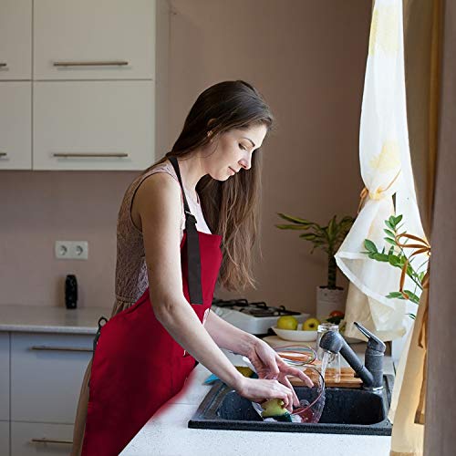 Delantal de Cocina Impermeable con Bolsillos Correa para Cuello Ajustable Delantales Hombre Mujer Delantal Cocinero Mandil para Jardinería Restaurante Barbacoa Cocinar Hornear 2 Piezas (Rojo y Negro)