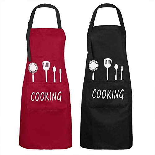 Delantal de Cocina Impermeable con Bolsillos Correa para Cuello Ajustable Delantales Hombre Mujer Delantal Cocinero Mandil para Jardinería Restaurante Barbacoa Cocinar Hornear 2 Piezas (Rojo y Negro)