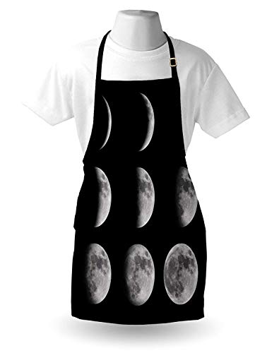 Delantal de fases lunares, Fases de la luna de Nuevo a Completo Etapas de la secuencia lunar Universo espacial, Delantal unisex de cocina con cuello ajustable para cocinar Hornear Jardinería, Gris pál