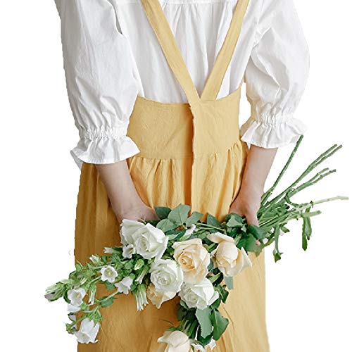 Delantal de lino de algodón suave para mujer, delantal de cocina, falda de cocina con espalda cruzada japonesa, para Chef, regalo de inauguración de la casa (Yellow, 55X40 inch)