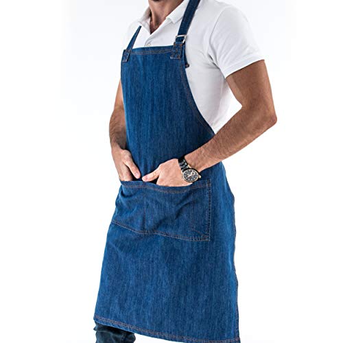 Delantal Profesional de Mezclilla con Bolsillos para Hombres y Mujeres. Delantal Unitalla con Tirantes Ajustables. Delantal de Cocina y Ropa de Trabajo Azul Unisex Multifuncional.