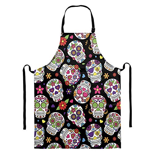 Delantal Sapotip con diseño de calavera de azúcar para hombres y mujeres con bolsillo para cocinar hornear, jardinería, cuello ajustable, resistente al agua