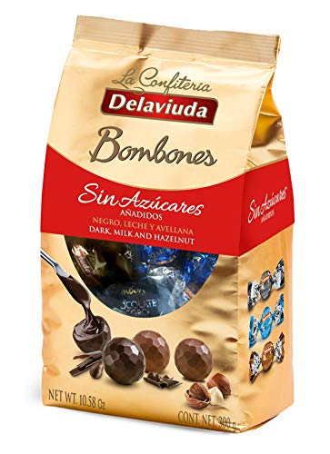 Delaviuda Bombones De Chocolate Sin Azúcares Añadidos Surtidos Rellenos: Chocolate con Leche, Chocolate Negro Y Chocolate con leche relleno de Avellana - 300 Gr