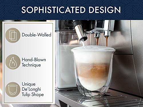 De'Longhi Juego de 2 vasos premium para cappuccino, apto para lavavajillas, pared doble vidrio templado, transparente, 190 ml