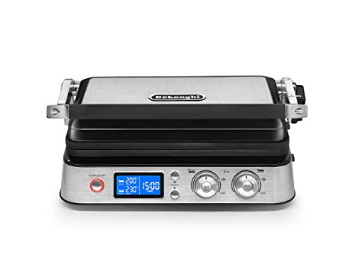 De'Longhi Multigrill CGH 1012D Plancha Eléctrica Multiposición con Selección de Temperatura Independiente en Cada Placa, Pantalla LED, Placas Extraíbles Aptas para Lavavajillas, 2000 W, Gris Plata