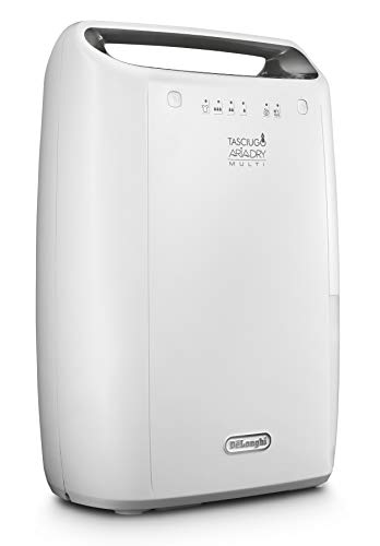 De'Longhi Tasciugo AriaDry Multi DEX214F Deshumidificador Multifunción, 14 L/d, Filtro Antipolvo y Antialérgenos, Función Secado de Ropa, Gas Ecológico, Drenaje Continuo, 290 W, 37 Db, Blanco y Gris